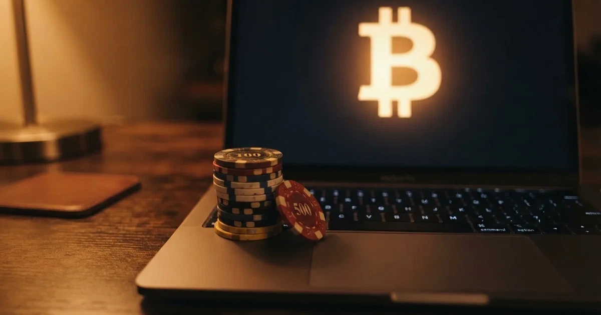 Fichas de póquer sobre un teclado iluminado con el símbolo de bitcoin en la pantalla