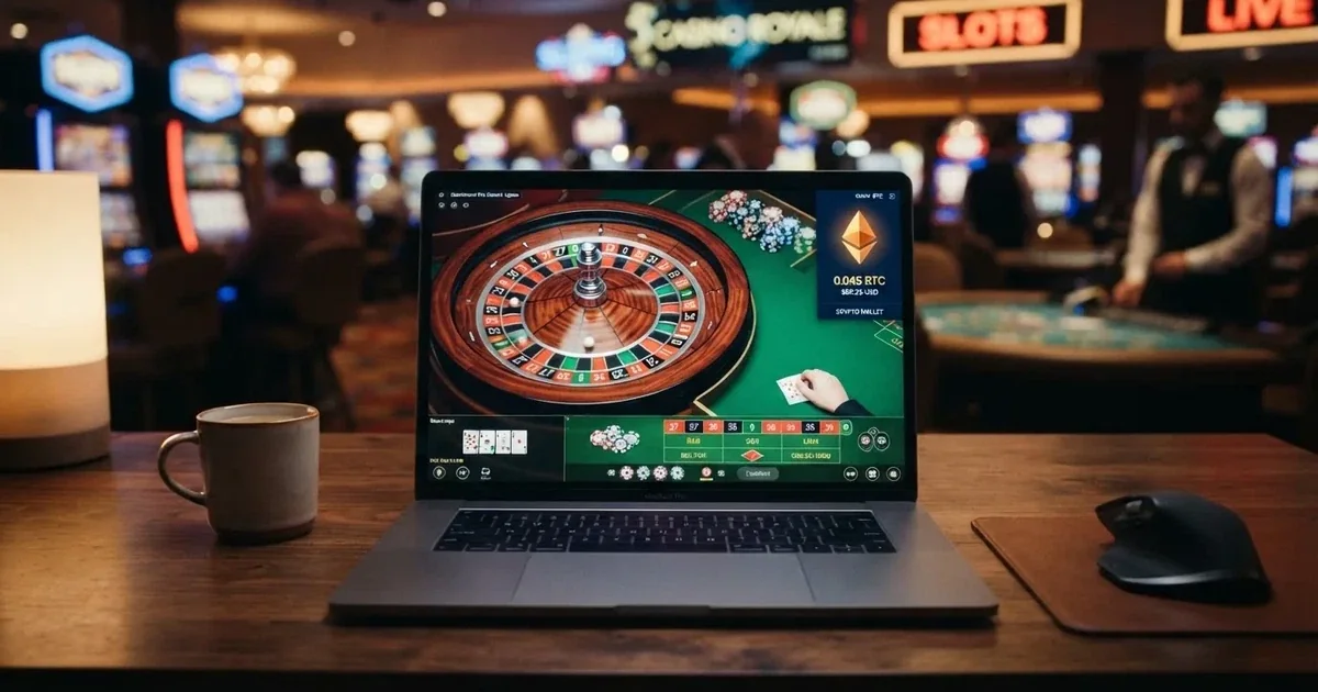 Un monedero de criptomonedas en la pantalla de un ordenador junto a una ruleta de casino, con el logotipo de Ethereum visible en la interfaz
