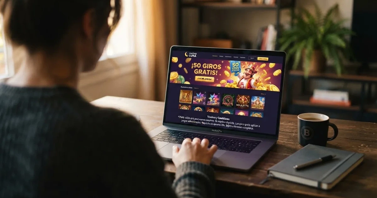 Pantalla de un casino online español mostrando una promoción de tiradas gratis con los términos y condiciones visibles en pantalla