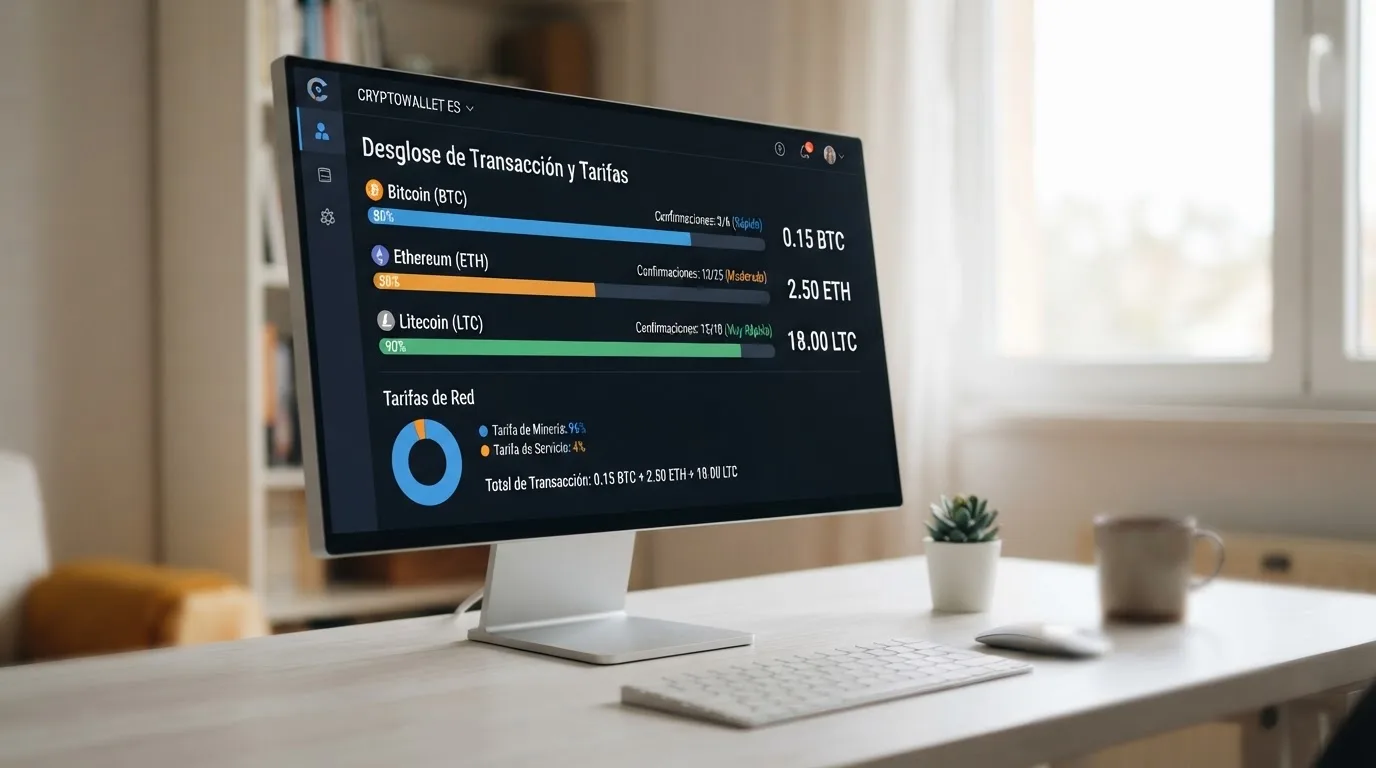 Pantalla de ordenador mostrando una cartera de bitcoin con el desglose de comisiones de red y tiempos de confirmación