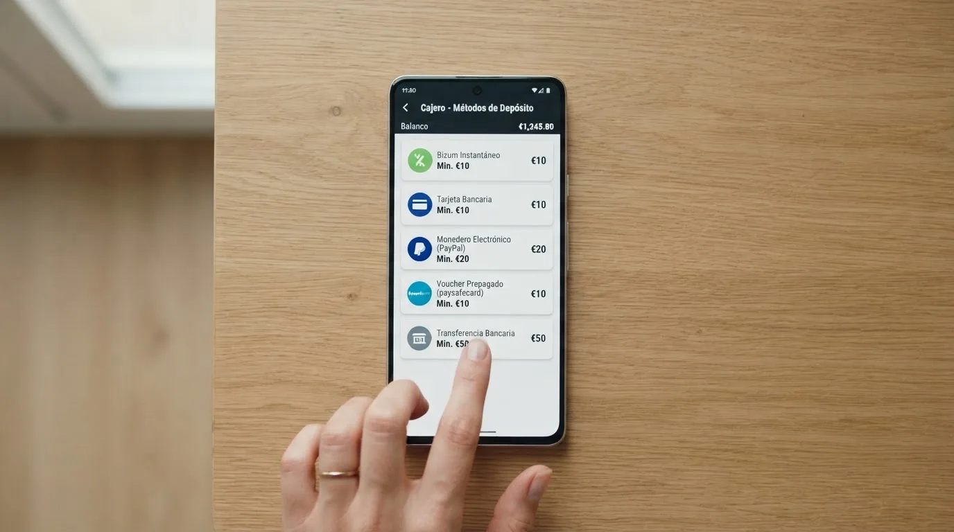 Primer plano de un teléfono mostrando la pantalla de cajero de un casino online con varias opciones de pago: Bizum, tarjeta, PayPal, Paysafecard y transferencia, cada una con su importe mínimo visible