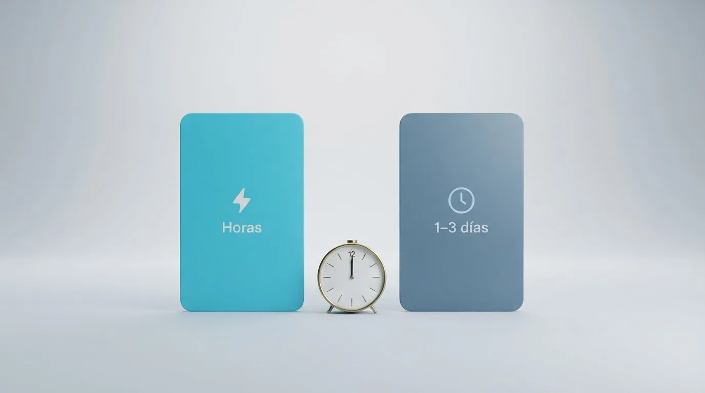 Una comparativa visual de un monedero electrónico frente a una transferencia bancaria en la pantalla de un ordenador, con un reloj que marca la diferencia de tiempos