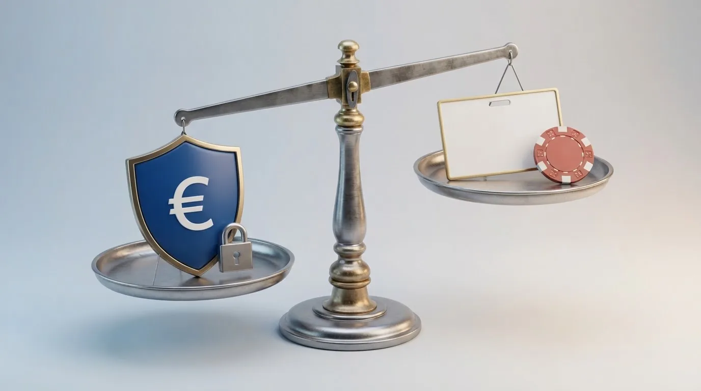 Una balanza simbólica: en un platillo, el logo de la DGOJ sobre un dominio .es y un candado; en el otro, una licencia de Curazao con la leyenda «sin RGIAJ, sin recurso DGOJ»