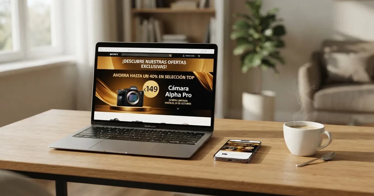 Un ordenador portátil mostrando la página de promociones de un casino online con licencia española, junto a un móvil con el mismo sitio abierto y un café al lado