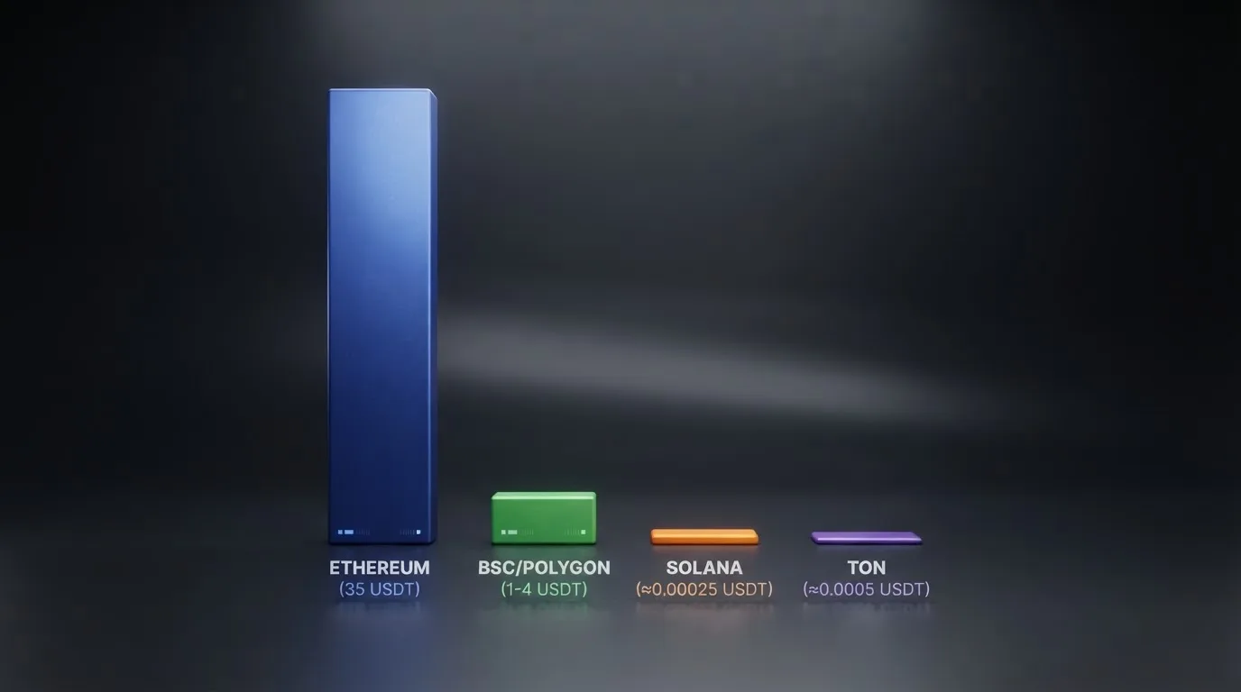 Diagrama comparativo de las cuatro redes USDT con sus comisiones y tiempos