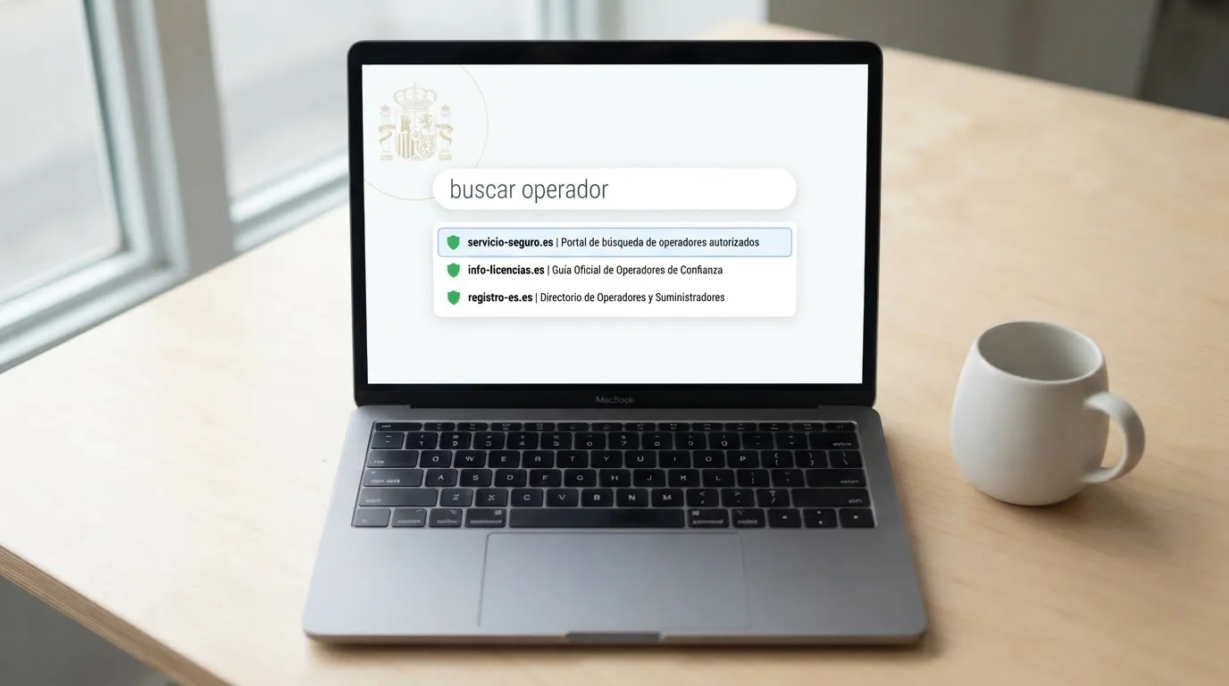 Captura de pantalla del buscador público de operadores con licencia en ordenacionjuego.es, con un dominio .es resaltado y el escudo oficial visible