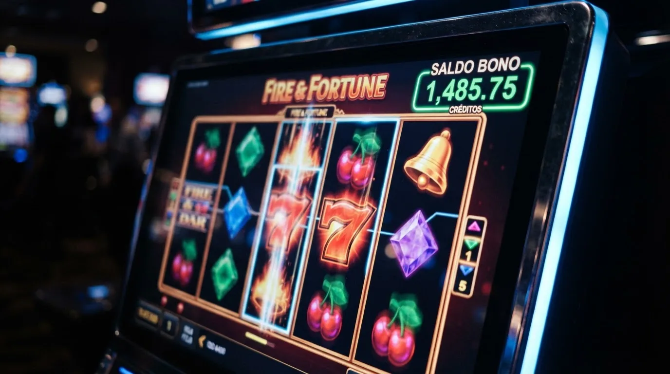 Primer plano de una pantalla de slot digital con el contador de saldo de bono en una esquina, junto a un icono tachado de ruleta y blackjack