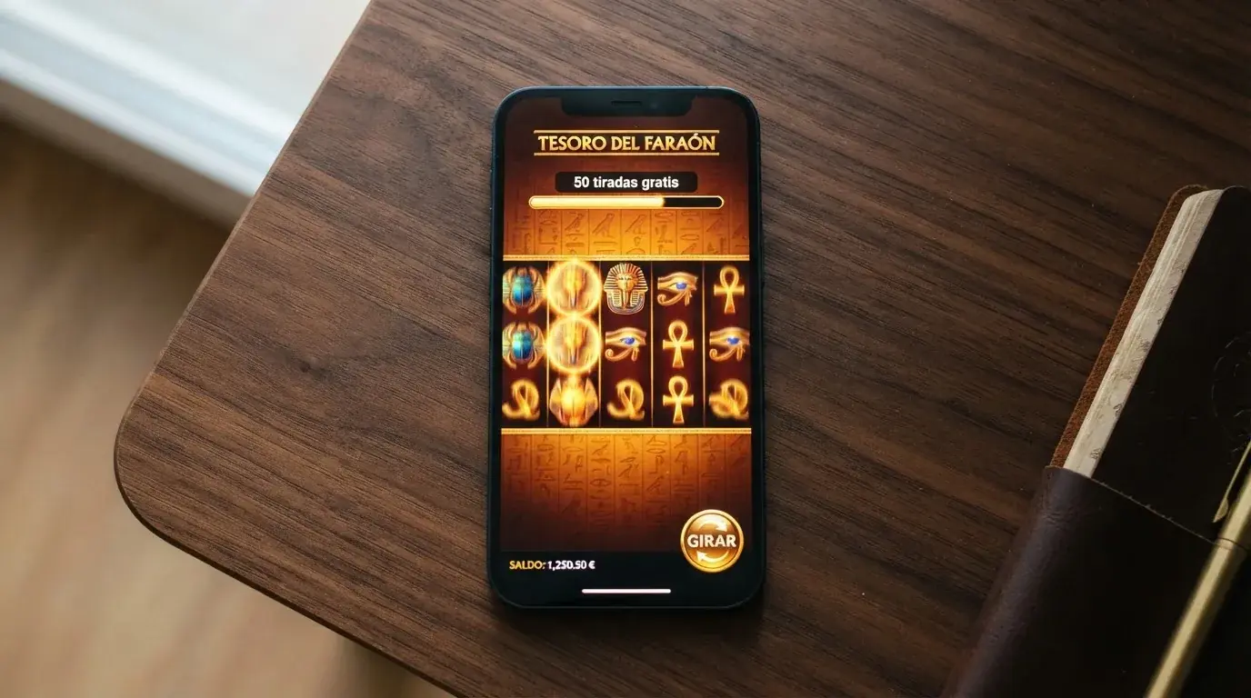 Pantalla de un juego de tragaperras como Book of Dead en un móvil, con el contador de tiradas gratis visibles en la interfaz