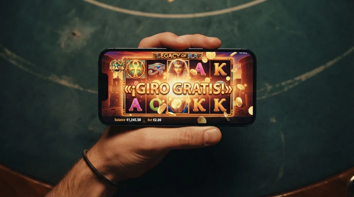 Primer plano de una mano sujetando un teléfono en horizontal con una tragaperras de temática egipcia en pantalla y el mensaje «Giro gratis» activado