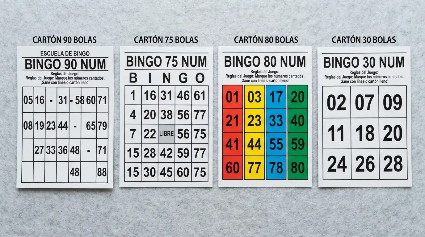 Cuatro cartones de bingo distintos alineados: 90 bolas (3×9), 75 bolas (5×5 con casilla central), 80 bolas (4×4) y 30 bolas (3×3), cada uno con sus números visibles